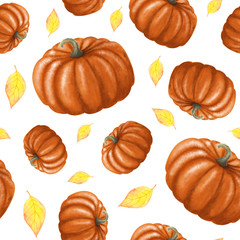 Seamless pattern with bright pumpkins on white background. Bright autumn background with orange pumpkins and yellow fallen leaves. Perfect for your design