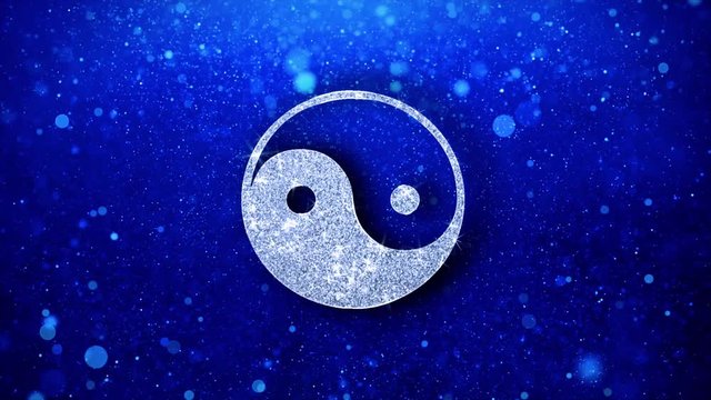 Yin Yang Taoism buddhism daoism religion Icon White Blinking Glitter Glowing Shine on Blue Particles. Shape, Web, Text , Design, Element, Symbol 4K Loop Animation.