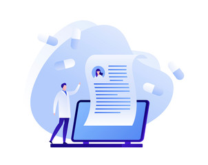 Vector flat online medicine illustration. Doctor on laptop with prescription and pills symbols. Concept of pharmacy drugstore, diagnosis, home hospital. Design medical for poster, flyer, card, banner
