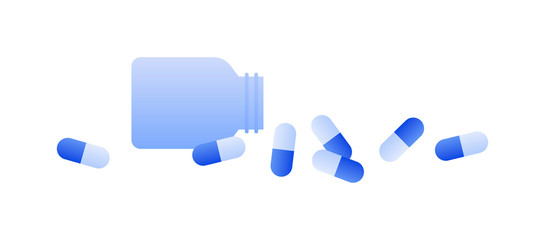 Vector flat bottle of pills illustration. Blue spilled pill and empty container isolated on white background. Design element for poster, flyer, card, banner, ui