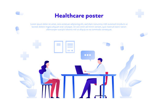 Vector flat doctor and patient person illustration. Medic and female sitting in hospital office background. Concept of diagnosis, meeting, checkup. Design element for poster, flyer, card, banner