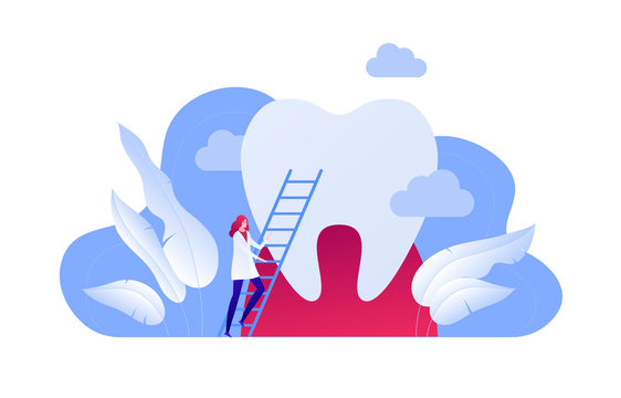Vector flat dentist doctor illustration. Female on stairway and huge tooth background isolated on white. Concept of dental ill diagnosis. Design element for poster, flyer, card, banner