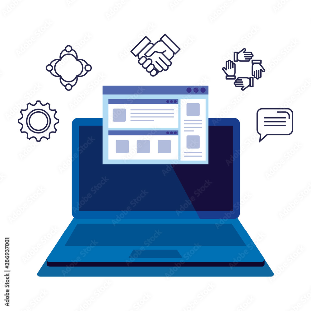 Poster laptop with webpage template and set icons