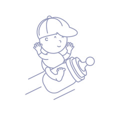 cute baby boy sitting in bottle milk
