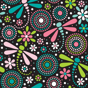 seamless dragonfly and flowers pattern vector illustration