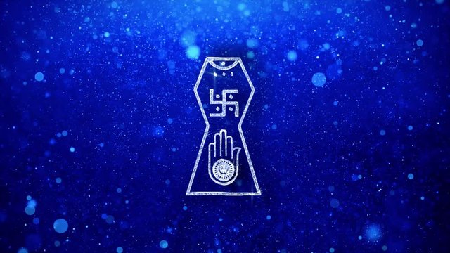 Jain hand. Ahimsa Indian, jainisms, hindu religious Icon White Blinking Glitter Glowing Shine on Blue Particles. Shape, Web, Text , Design, Element, Symbol 4K Loop Animation.