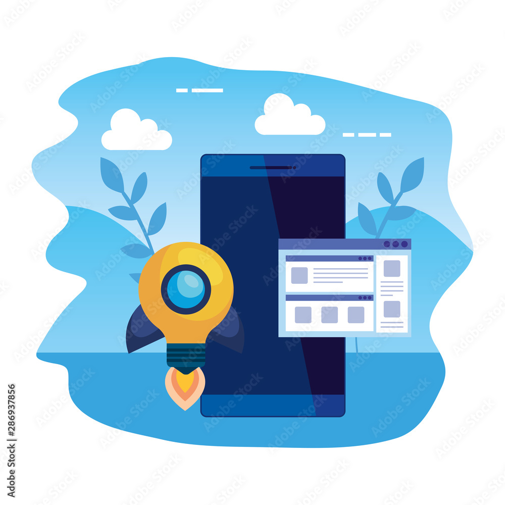 Poster desktop with rocket bulb and webpage template