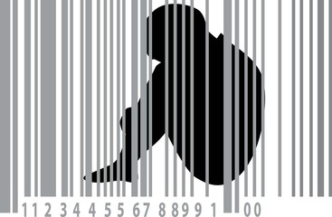 Explored child behind bars made of a barcode, as a symbol for human trafficking,  EPS 8 vector illustration