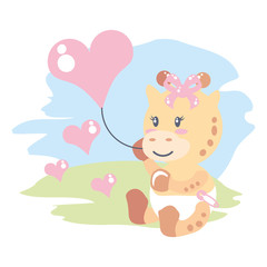 Obraz na płótnie Canvas cute female giraffe baby with balloon helium in heart shape
