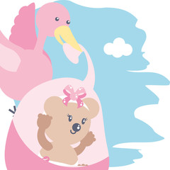 stork and cute female bear baby animal