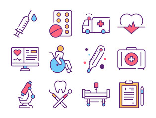 Medicine industry color linear icons set