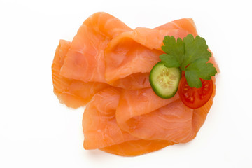 Fresh salmon slice and spice on the white background.