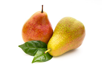 Fresh bio pear with leaves on isolated white background.