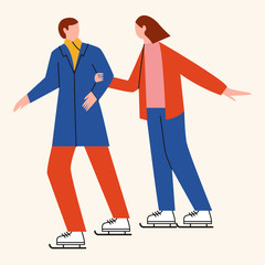 Peopleice  skating. Cute couple of man and woman wearing skates and holding hands. Flat vector illustration
