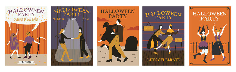 Set of Halloween party invitations or greeting cards with dancing people and traditional symbols. Men and women dressed in halloween costumes dancing at club or concert.  Flat vector illustration