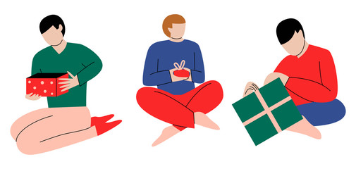 Set of women opening Christmas presents. Women sitting on the floor holding decorated boxes with surprise presents. Flat vector illustration
