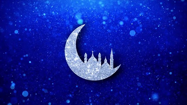 Islamic mosque Moon ramadan Icon White Blinking Glitter Glowing Shine on Blue Particles. Shape, Web, Text , Design, Element, Symbol 4K Loop Animation.