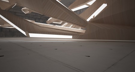 Abstract  concrete and wood interior  with neon lighting. 3D illustration and rendering.