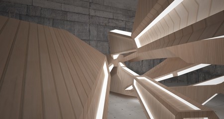 Abstract  concrete and wood interior  with neon lighting. 3D illustration and rendering.