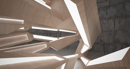 Abstract  concrete and wood interior  with neon lighting. 3D illustration and rendering.