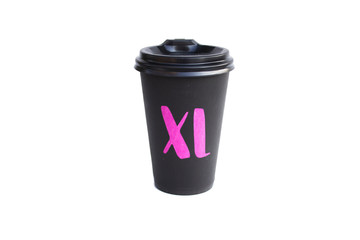 Disposable cardboard black cup isolated on orange background, Eco cup for hot drinks, Autumn mood