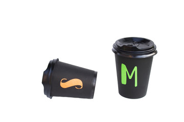 Disposable black cardboard cup isolated on a white background, Eco cup for coffee and tea. Ecology Idea Concept