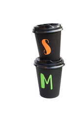 Disposable cardboard black cup isolated on white background, eco cup for hot drinks