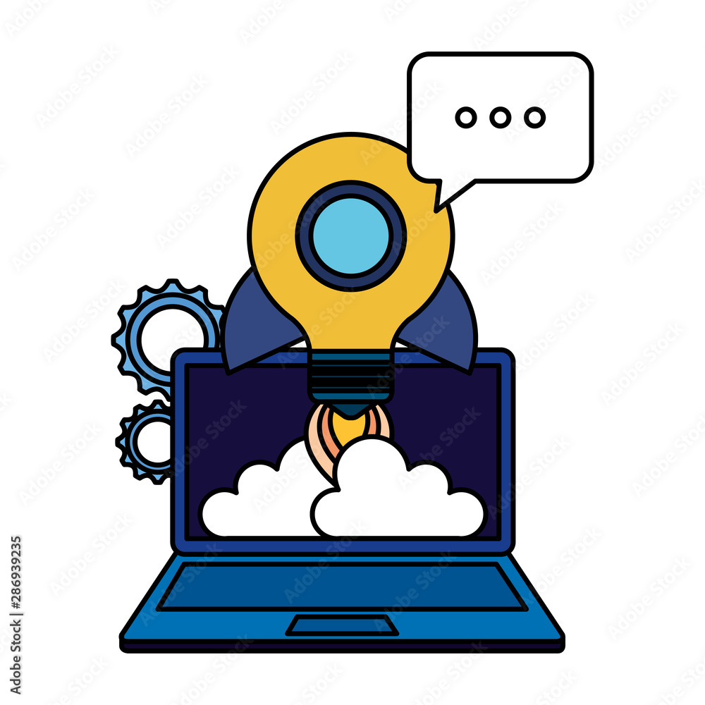 Poster laptop computer with rocket bulb and speech bubble