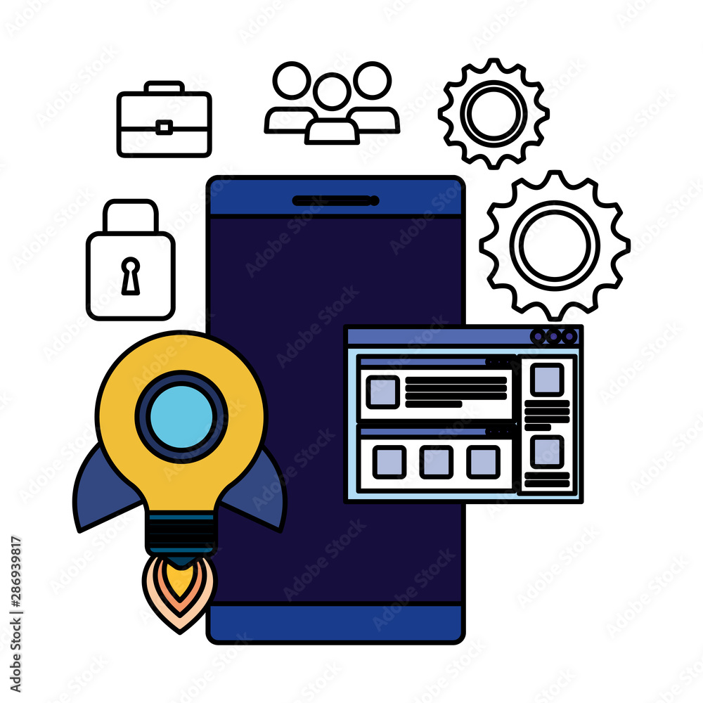 Poster smartphone with webpage template and set icons
