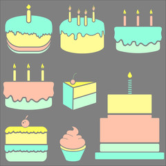 Set of colorful birthday cakes.Cakes icons collection. Different types of beautiful modern cakes, such as chocolate cake, Napoleon cake, tiramisu and cheesecake. Isolated on white.