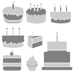 Set of colorful birthday cakes.Cakes icons collection. Different types of beautiful modern cakes, such as chocolate cake, Napoleon cake, tiramisu and cheesecake. Isolated on white.