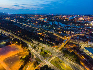 Fototapeta na wymiar Gdansk grunwaldzka street and port from above