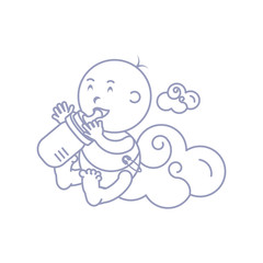 cute baby boy with bottle milk and cloud