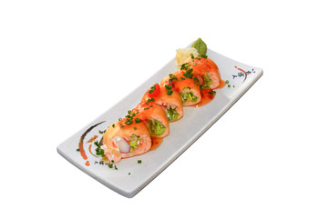 Salmon sushi roll with sauce and peper pout