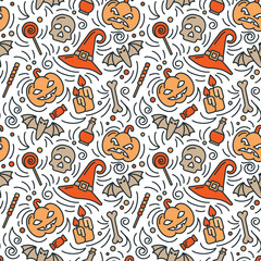Obraz premium Seamless pattern with halloween elements in linear style