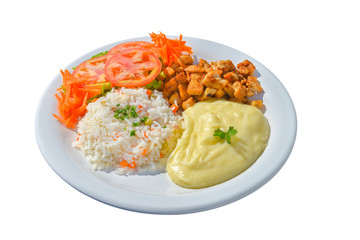 Chicken garnished with rice, mashed potatos and salad