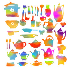 Set of rainbow silhouettes of kitchen utensils. Children's drawing. Vector illustration