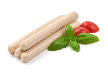 White chicken sausages for barbeque or grill, isolated on white background