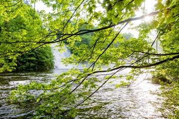 saale reservoir is overflowing and greats a 100 waterfall, very rare event, Saalburg, Thuringia,...