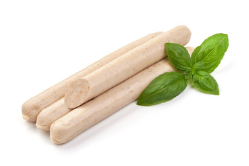 German White Thin sausages for barbeque or grill, isolated on white background
