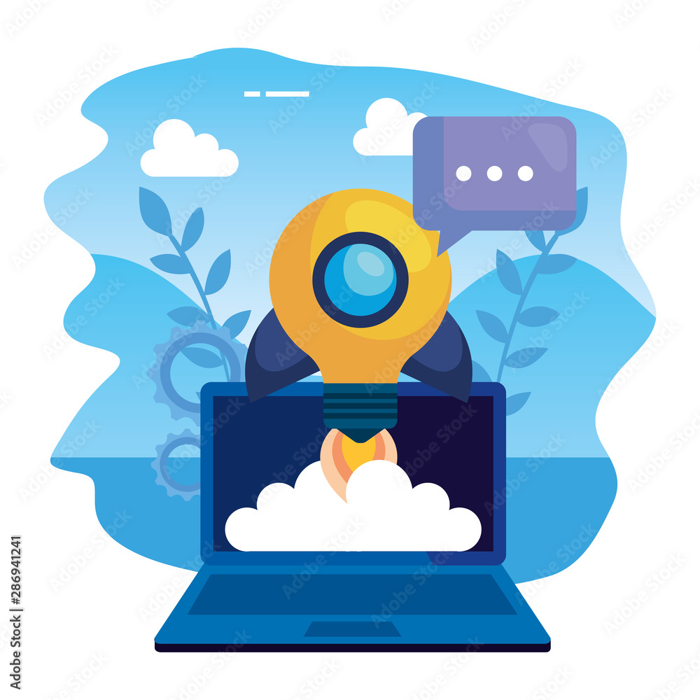 Poster laptop computer with rocket bulb and speech bubble