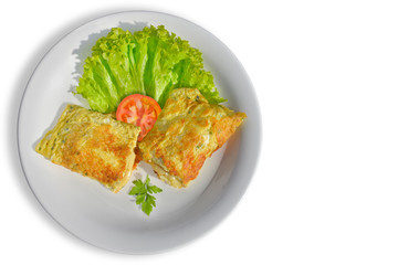 Omelet stuffed with melted cheese and salad