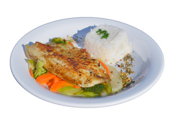Tilapia with rice and vegetables as a side.