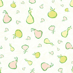 Hand drawn pears and apples in pastel green, pink and yellow. Fresh seamless vector pattern on yellow white watercolor textured background. Great for wellbeing, food products, stationery, packaging