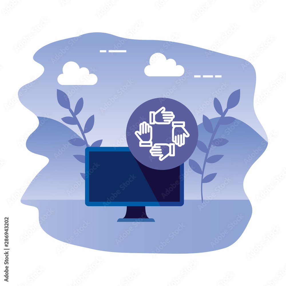 Poster desktop computer device with hands team