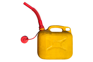 Old plastic five-liter fuel tank in yellow color for transporting and storing petrol with a funnel...