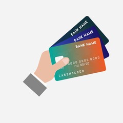 Man is holding credit card in hand, vector teamwork