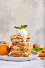 Cake with apricots and walnuts, cut in squares. Served with vanilla ice cream and mint leaf. Delicious homemade sweet dessert. And blank space for text.
