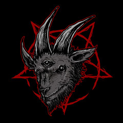 dark goat with satanic pentagram background vector