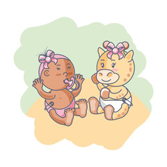 cute female giraffe with baby girl